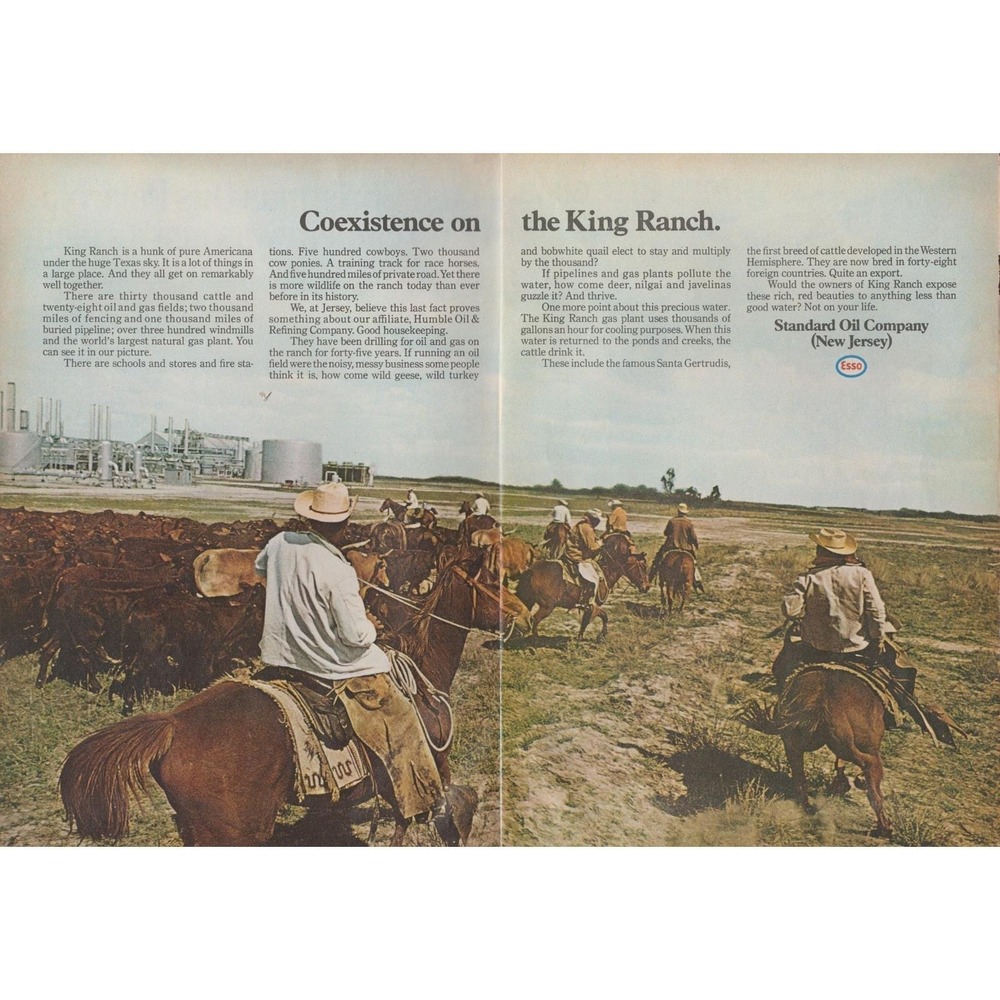 Vintage 1969 Esso Standard Oil King Ranch Print Ad Texas Cowboys Cattle Ranching